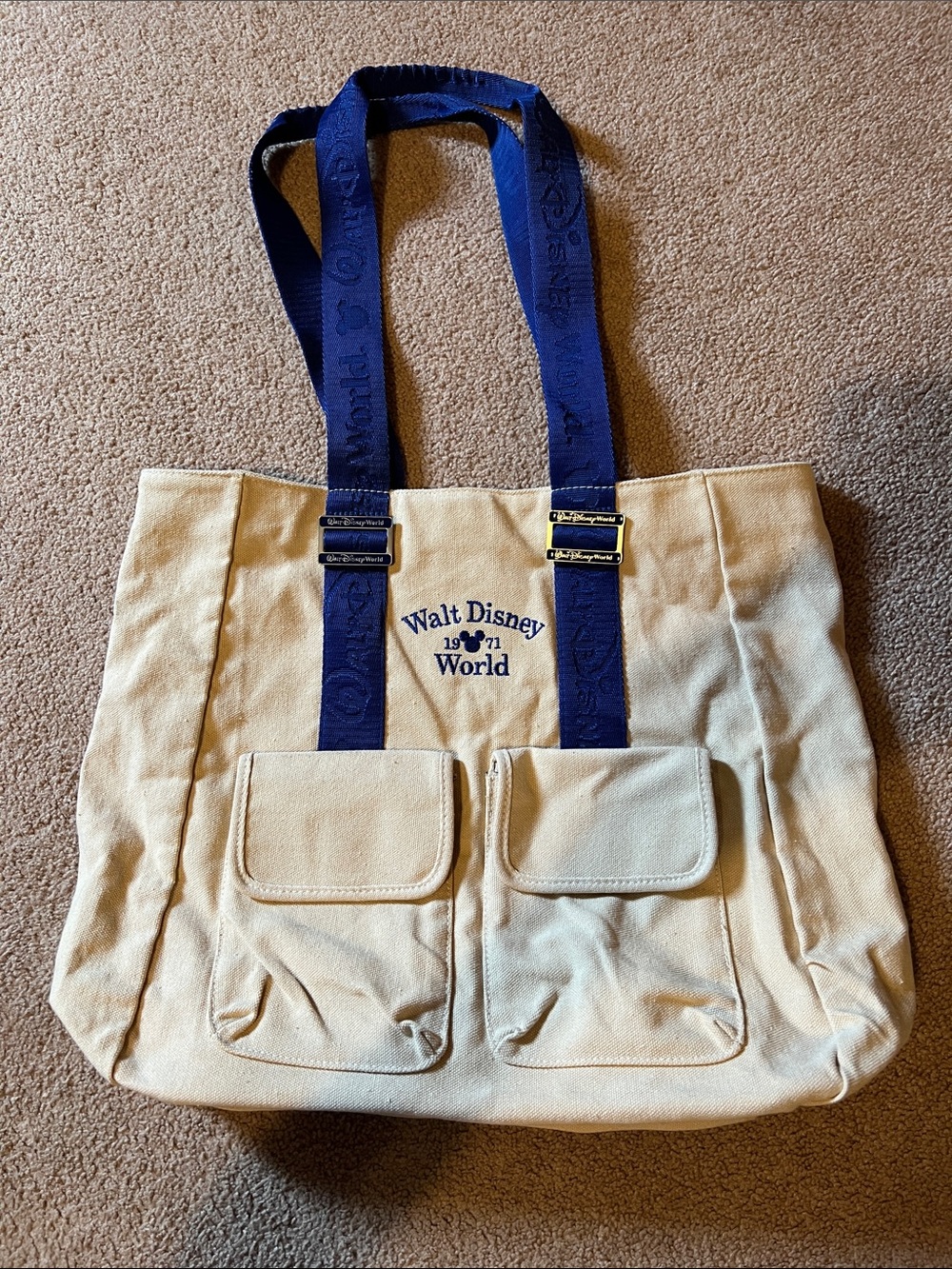Walt Disney 1971 World Canvas bag with blue straps and embroidery.